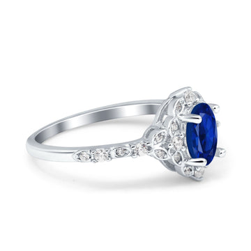 Oval Engagement Ring Accent Vintage Simulated Blue Sapphire CZ 925 Sterling Silver